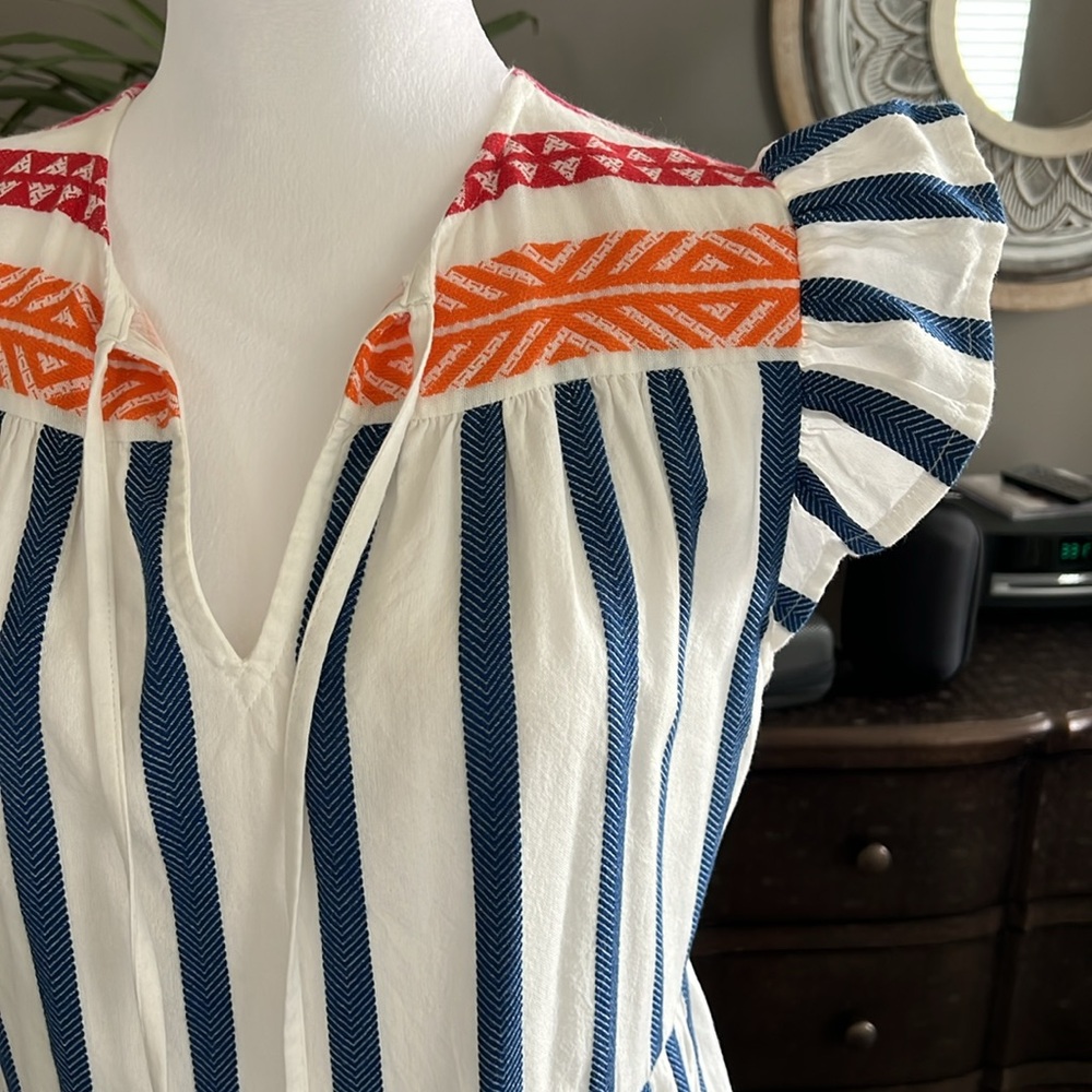 THML Striped Blue and White Dress with Pink and Orange Accents - Picture 2 of 8